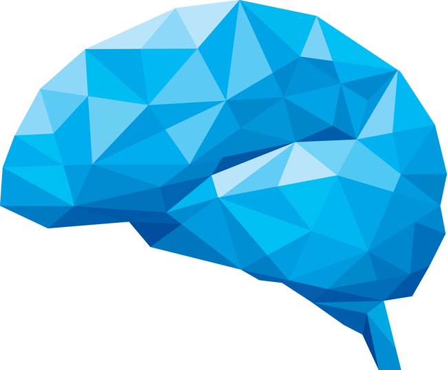 Creative concept of the human brain consists of blue polygons, vector illustration, isolated on white background